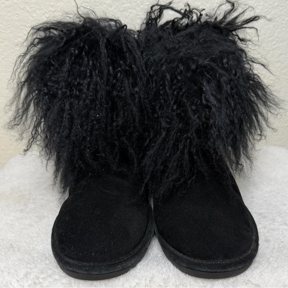 Bearpaw Boo Bootie Winter Boot Fuzzy Lamb Fur Cuff Suede Black Size 9